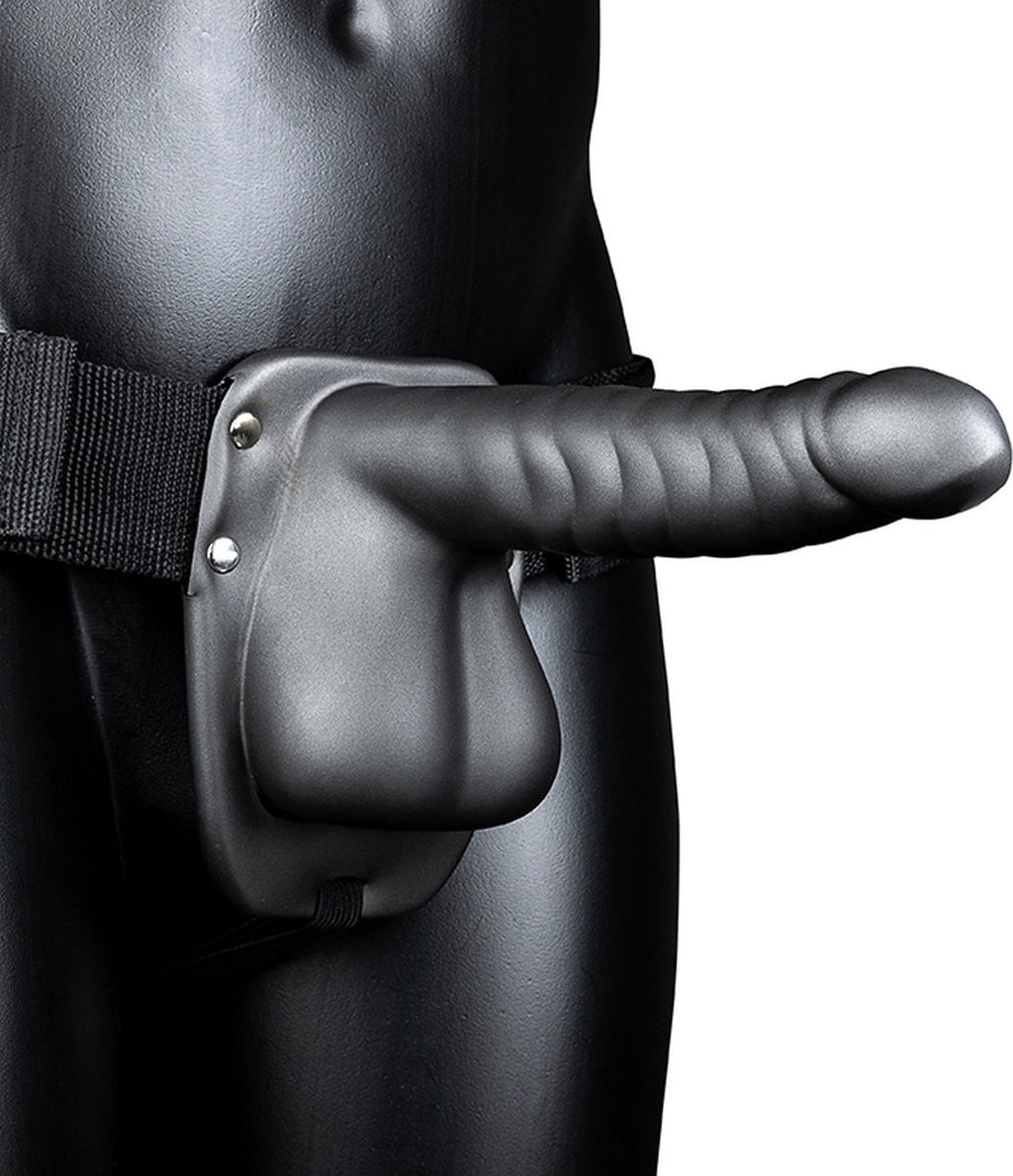 Ribbed Hollow Strap On with Balls  8" / 21 cm  Gunmetal