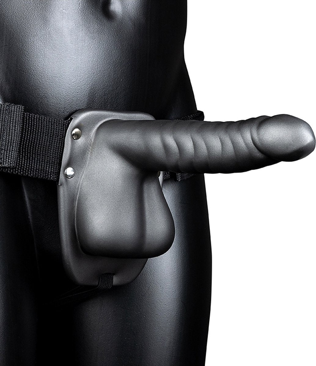 Ribbed Hollow Strap On with Balls  8" / 21 cm  Gunmetal