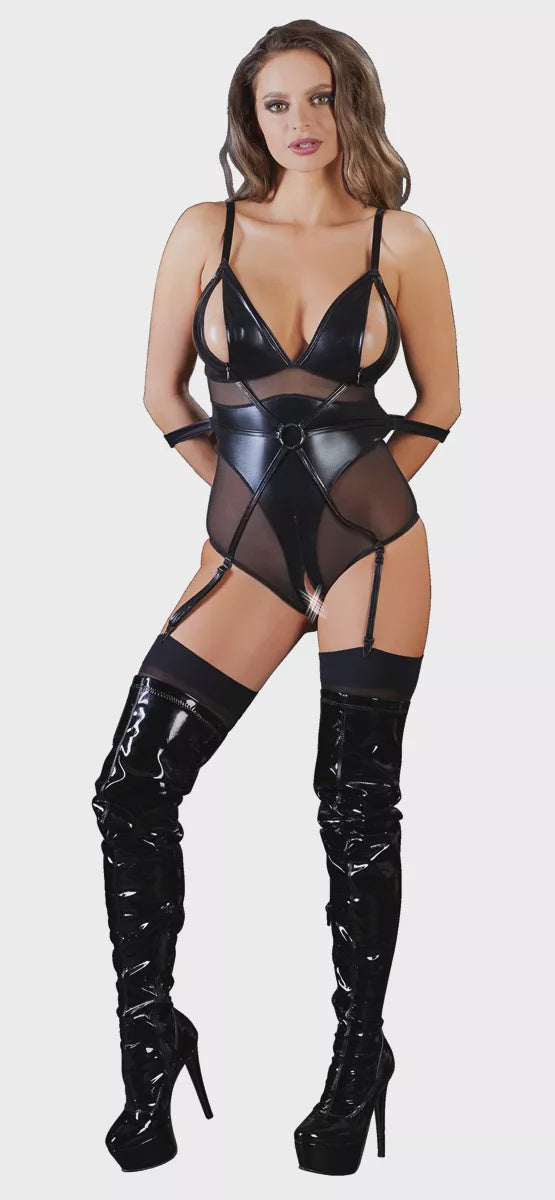 Bondage Jarretel Body Wetlook met Elleboog Riemen en Tepel Sluiting