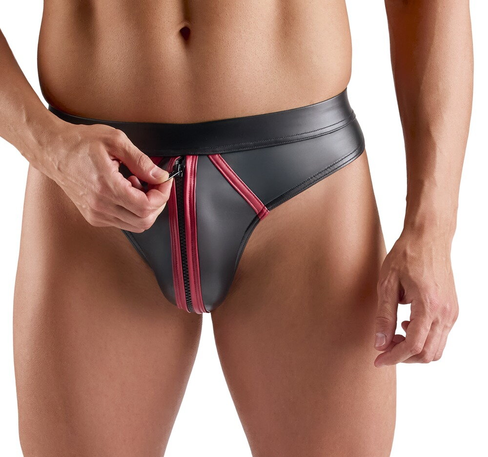 Svenjoyment Heren String/Thong met Rits – Zwart/Rood