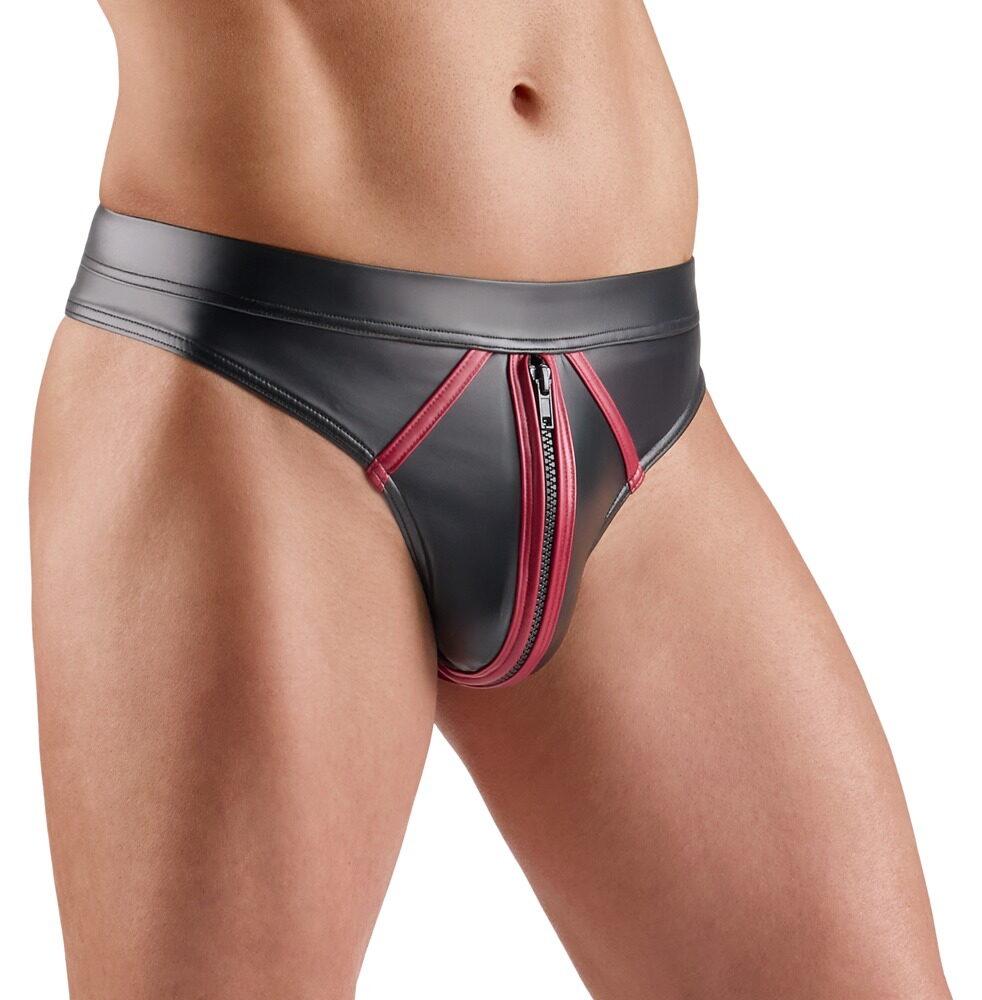 Svenjoyment Heren String/Thong met Rits – Zwart/Rood