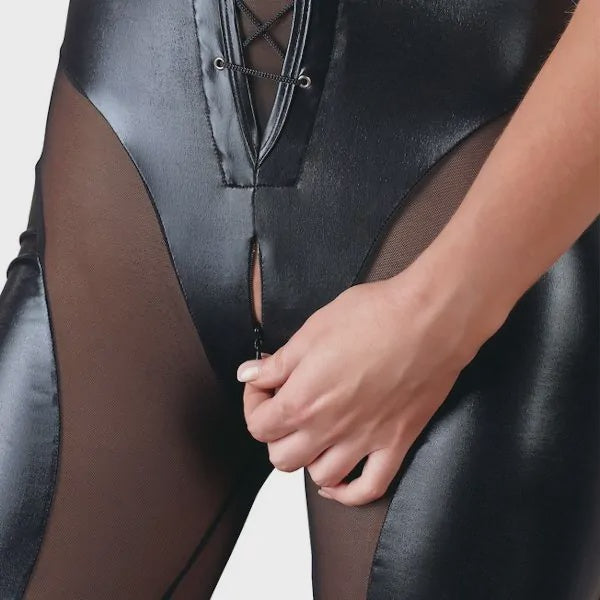 Zwarte catsuit van gaas en wetlook