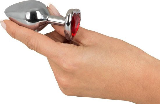 Aluminium Buttplug 85 gram met Hartvorm Basis en Rode Edelsteen  Zilver