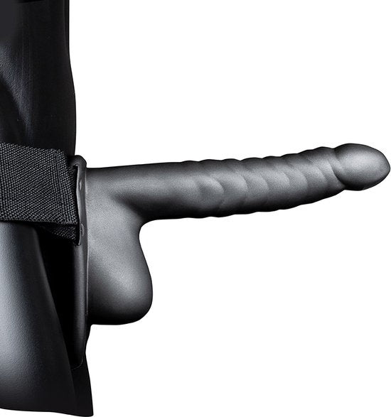 Ribbed Hollow Strap On with Balls  8" / 21 cm  Gunmetal