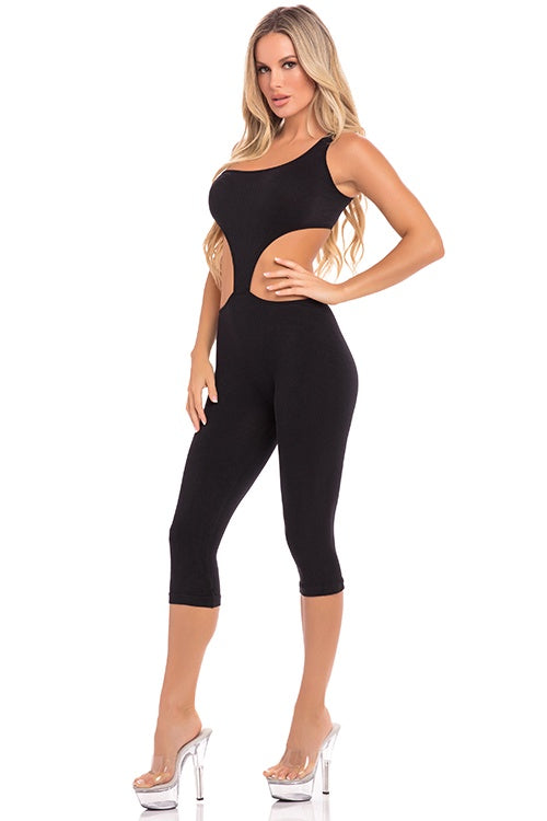 EEN SCHOUDER CROPPED CATSUIT ZWART