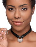 Heart Lock Lederen Choker met Slot en Sleutel  en ndash Zwart