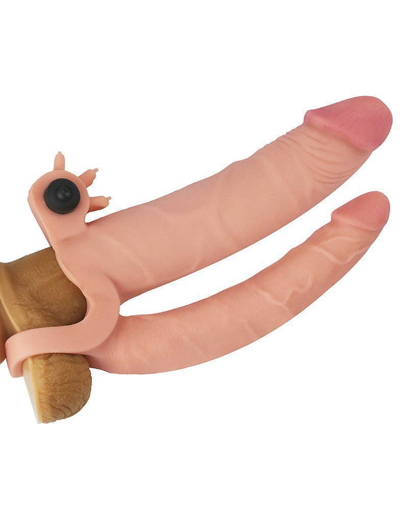 LOVE TOY - PLEASURE X TENDER VIBRATING DOUBLE PENIS SLEEVE + 5 CM - NUDE