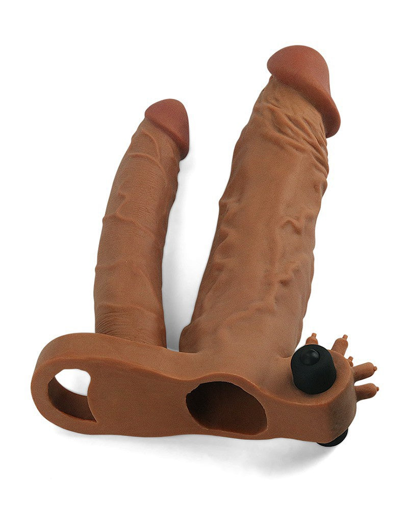 Pleasure X Tender Vibrating Double Penis Sleeve + 5 cm Bruin