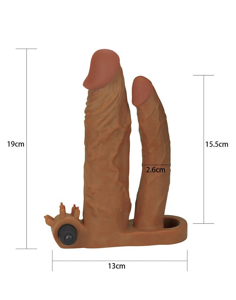 Pleasure X Tender Vibrating Double Penis Sleeve + 5 cm Bruin