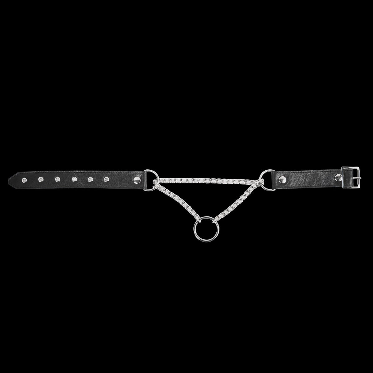 Rimba Bondage Play - Lederen Wurghalsband met O-ring - Zwart & Zilver
