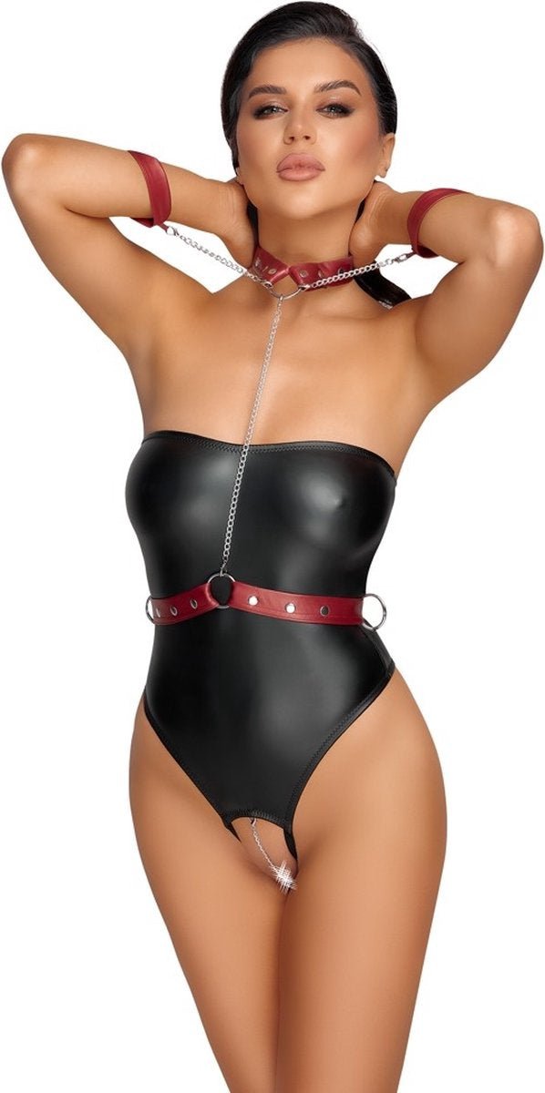 Stringbody met Bondage Details Zwart/Rood